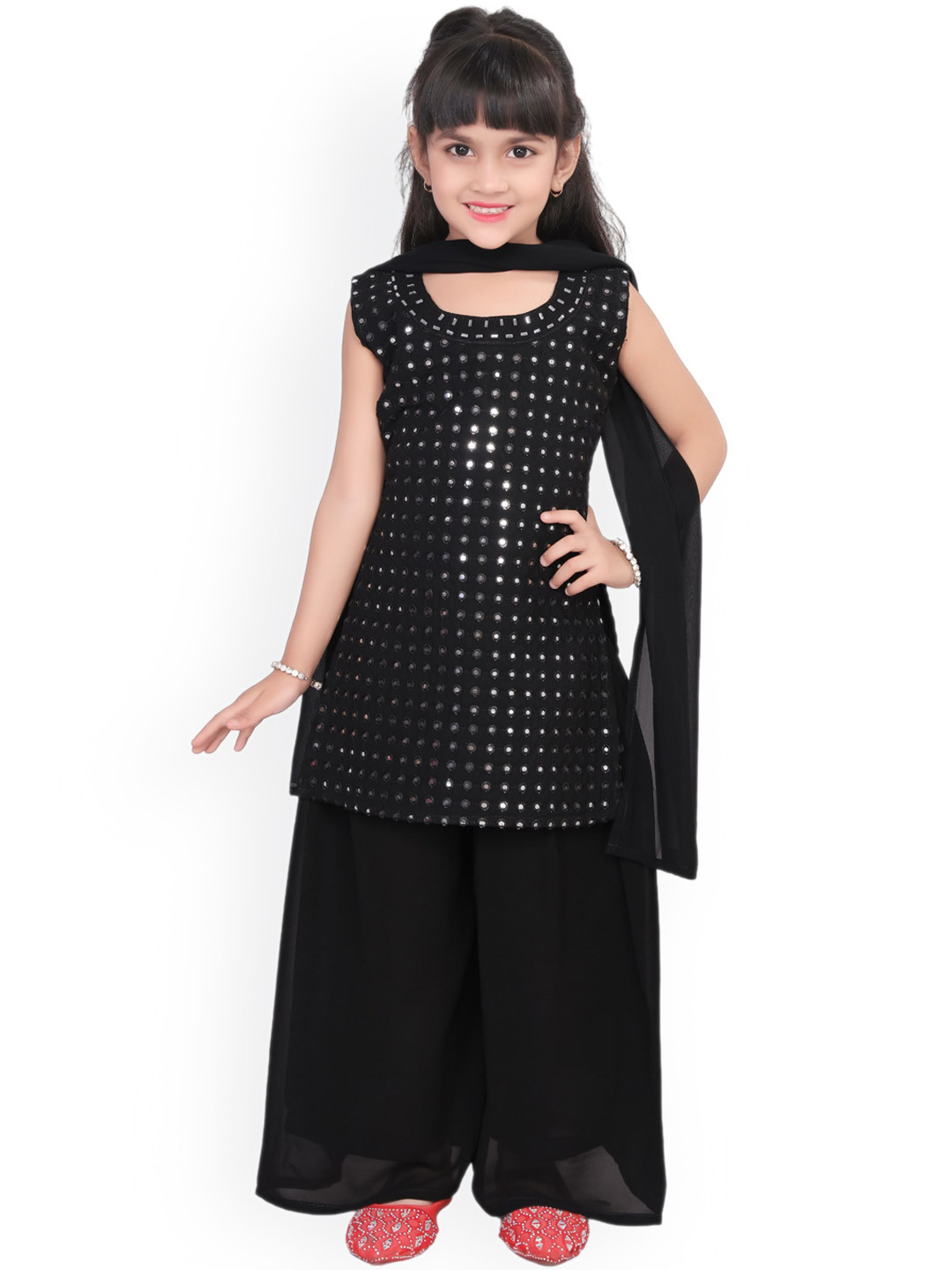 

BAESD Girls Embroidered Regular Mirror Work Kurta With Palazzos & Dupatta, Black