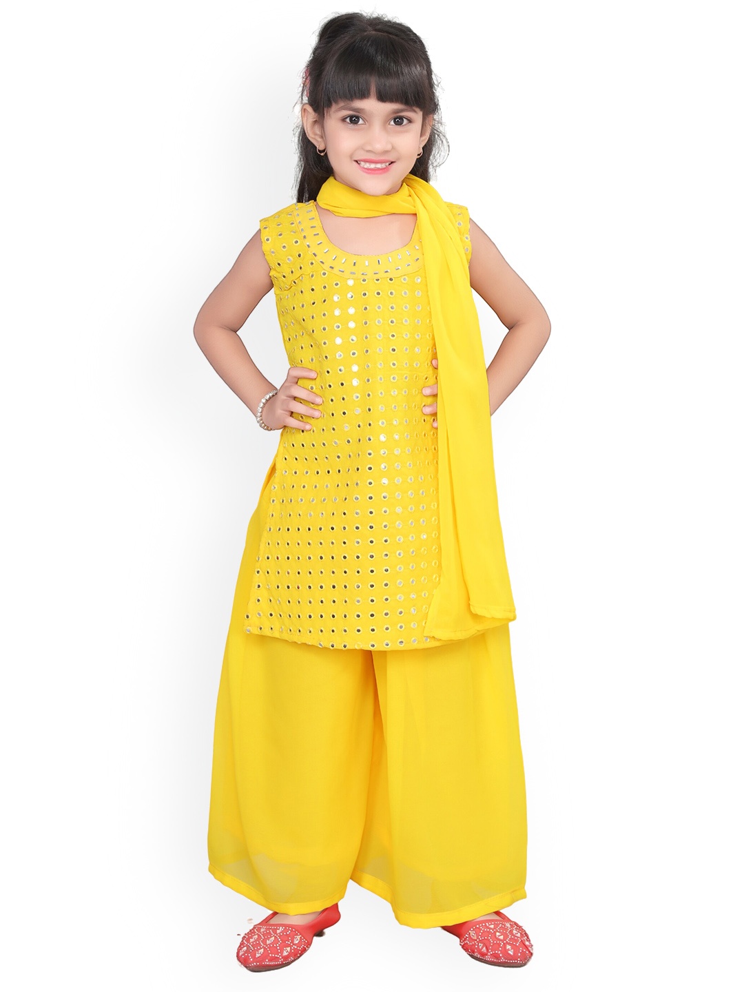 

BAESD Girls Embroidered Regular Mirror Work Kurta With Palazzos & Dupatta, Yellow