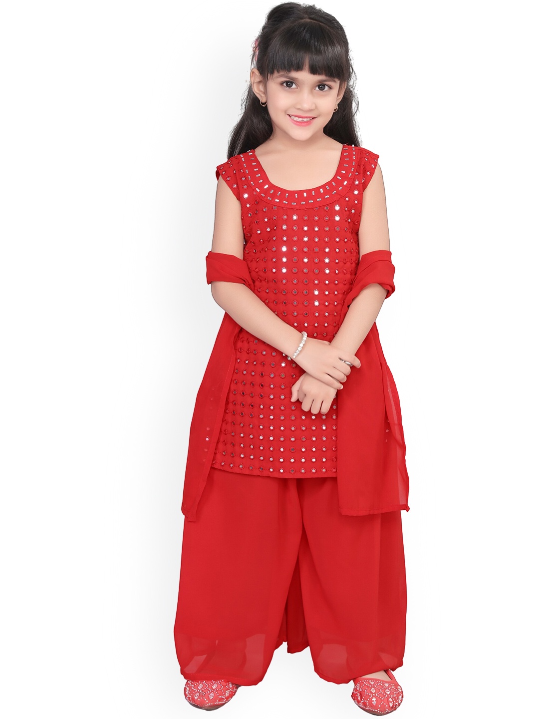 

BAESD Girls Embroidered Regular Mirror Work Kurta With Palazzos & Dupatta, Red