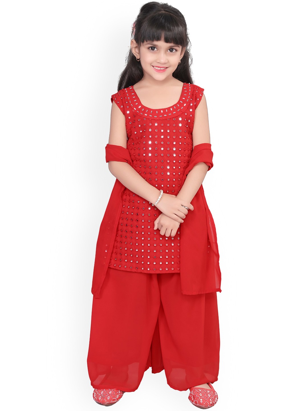 

BAESD Girls Embroidered Regular Mirror Work Kurta with Palazzos & With Dupatta, Red