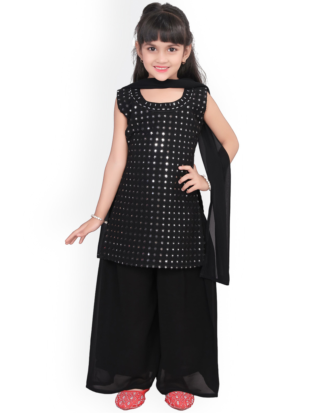 

BAESD Girls Ethnic Motifs Mirror Work Georgette Straight Kurti with Palazzo & Dupatta, Black