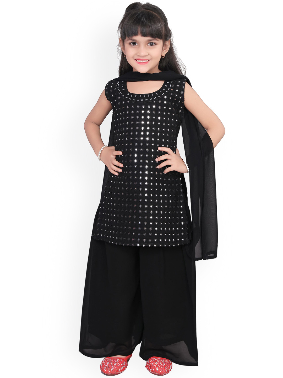 

BAESD Girls Geometric Embroidered Mirror Work Georgette Kurta with Palazzos & Dupatta, Black