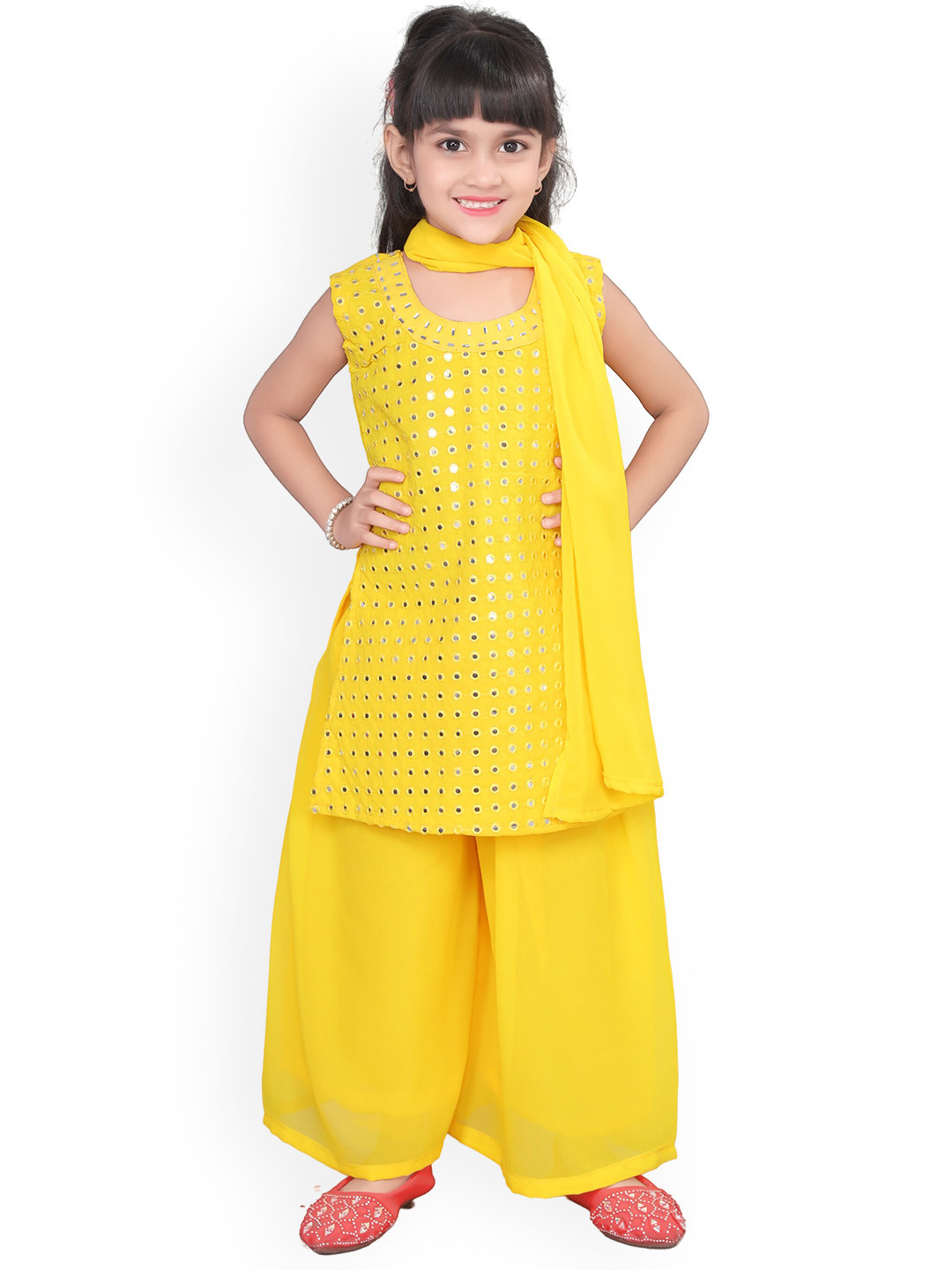 

BAESD Girls Ethnic Motifs Mirror Work Georgette Straight Kurti with Palazzo & Dupatta, Yellow