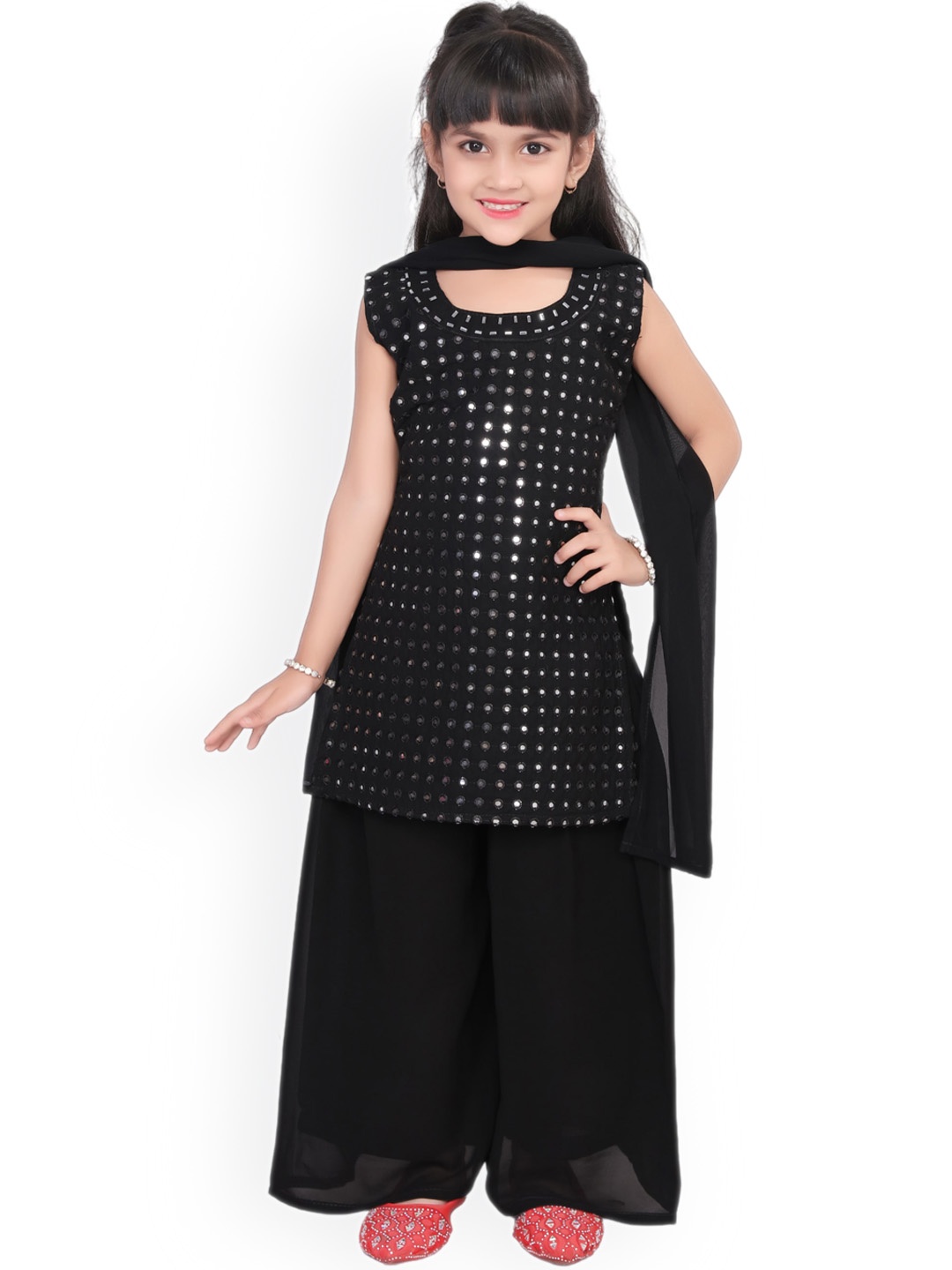 

BAESD Girls Embroidered Regular Mirror Work Straight Kurta With Palazzos & Dupatta, Black