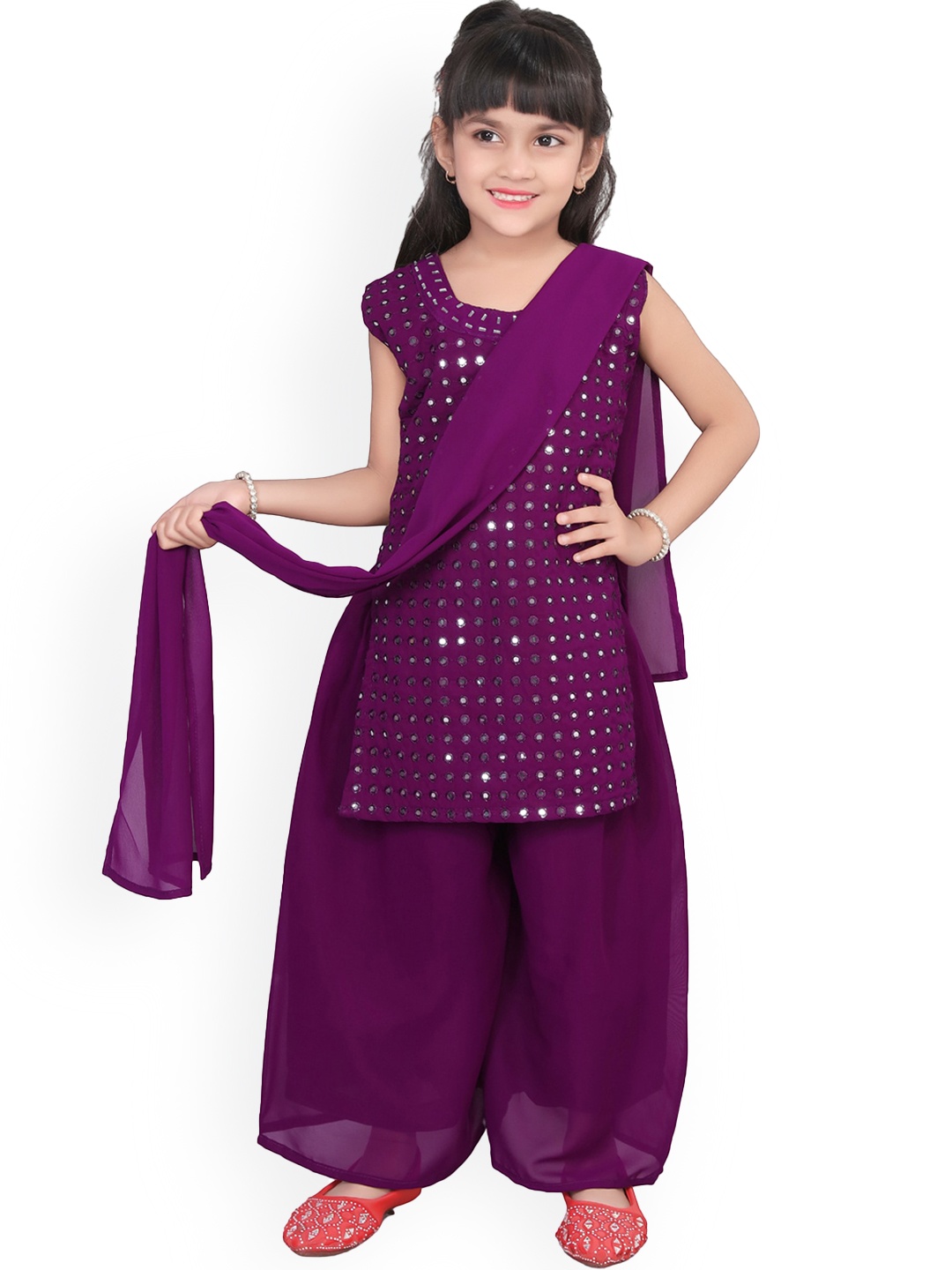 

BAESD Girls Ethnic Motifs Embroidered Mirror Work Kurta With Palazzos & Dupatta, Purple