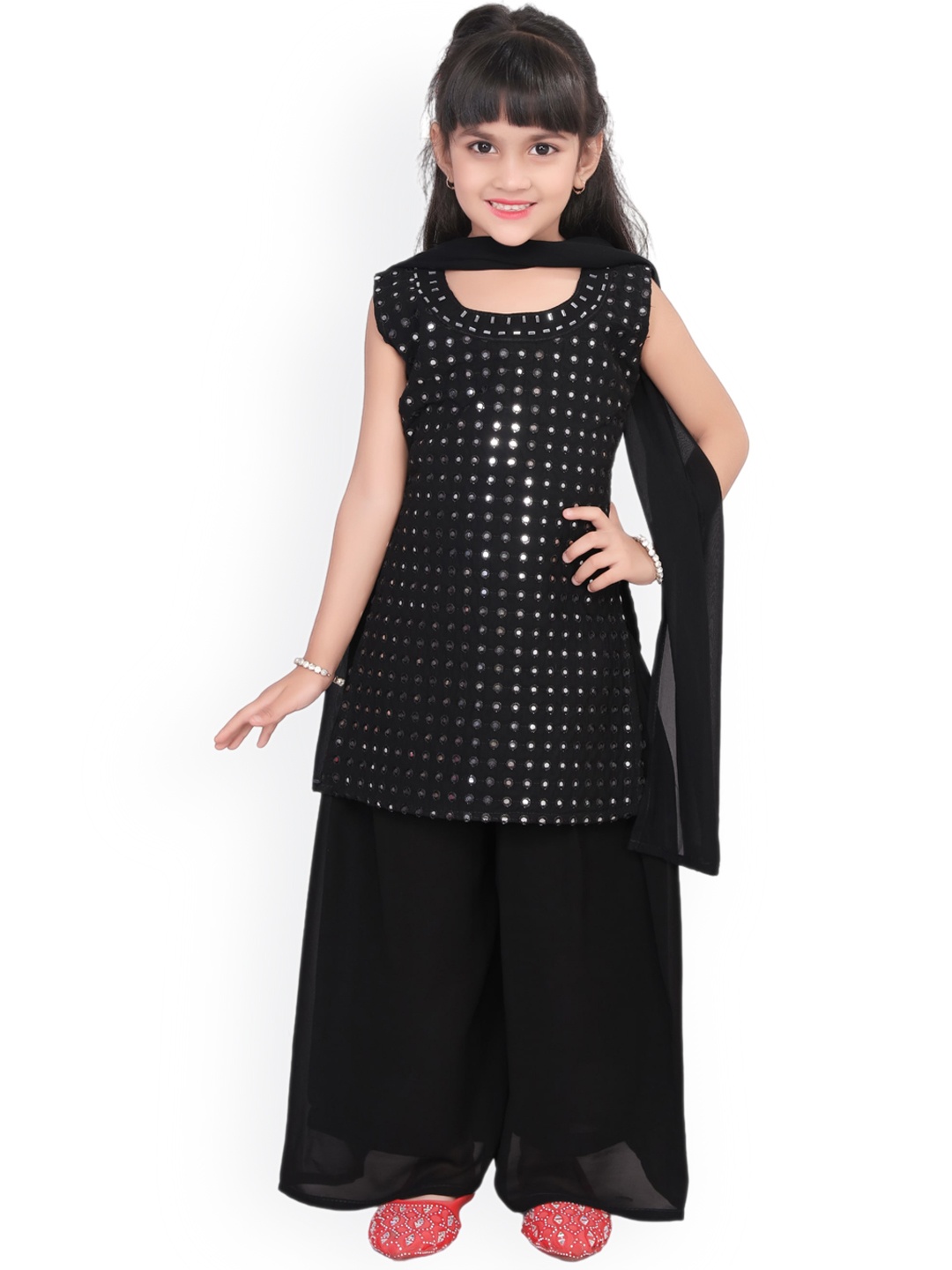 

BAESD Girls Embroidered Regular Mirror Work Straight Kurta With Palazzos & Dupatta, Black