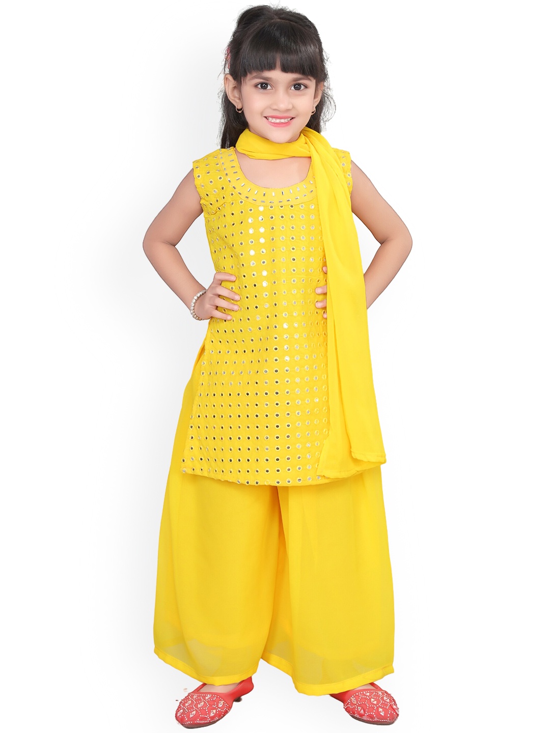 

BAESD Girls Embroidered Regular Mirror Work Kurta with Palazzos & Dupatta, Yellow