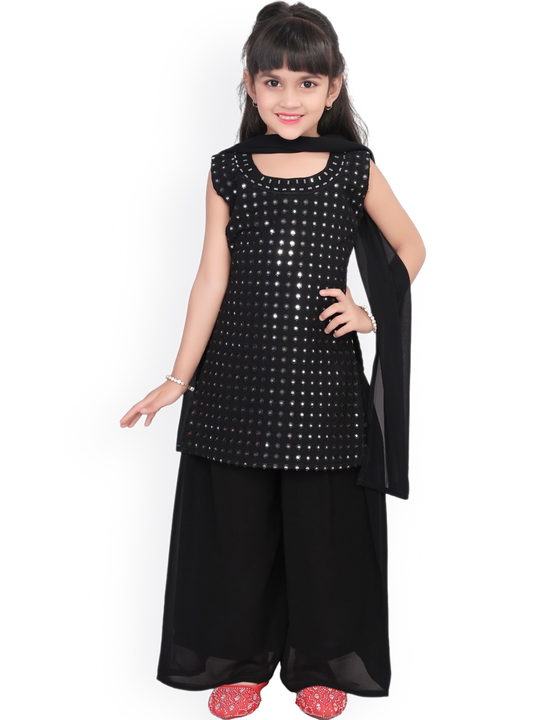 

BAESD Girls Ethnic Motifs Embroidered Regular Mirror Work Kurta With Palazzos & Dupatta, Black