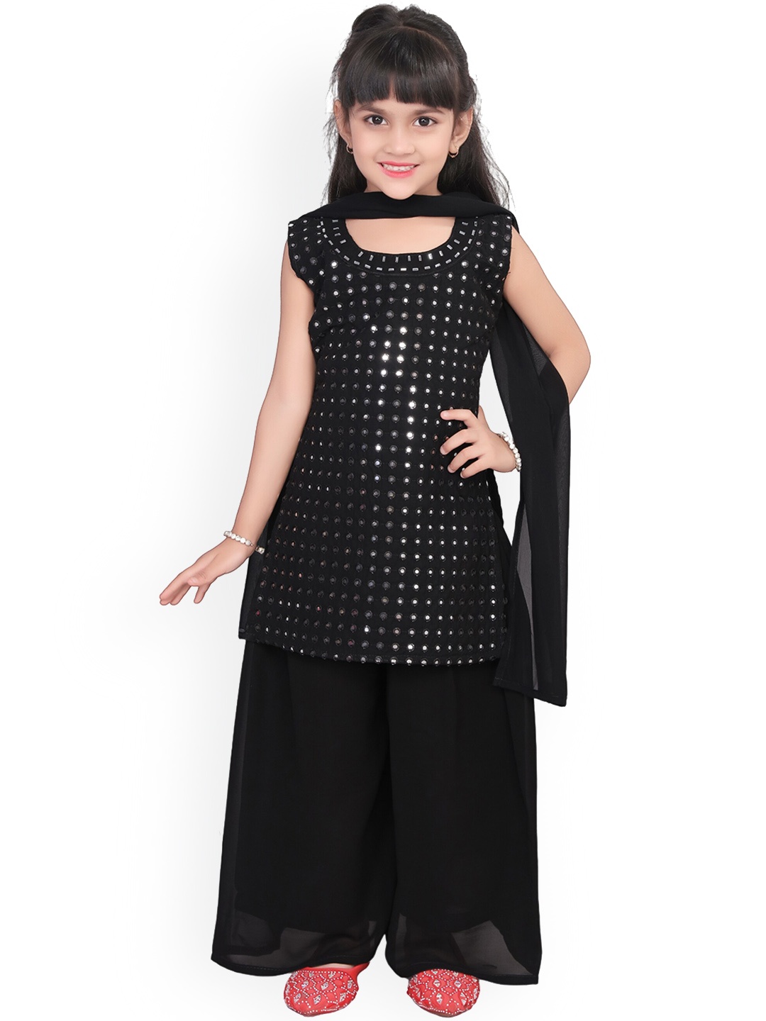 

BAESD Girls Ethnic Motifs Embroidered Regular Mirror Work Kurta With Palazzos & Dupatta, Black