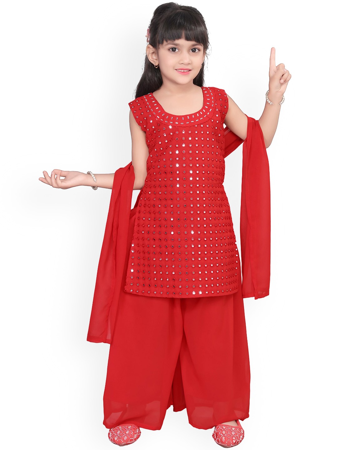 

BAESD Girls Embroidered Regular Mirror Work Straight Kurta With Palazzos & Dupatta, Red