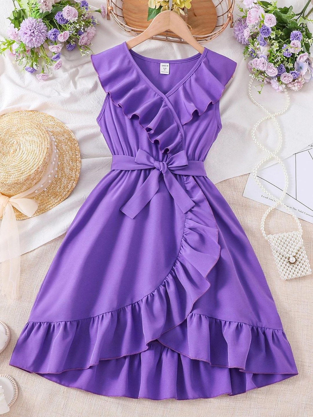

LYTIX Girls Cotton V-Neck Sleeveless Fit & Flare Casual Dress, Purple