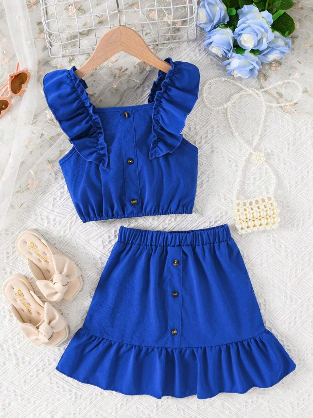 

LYTIX Girls Ruffles Botton and Top Clothing Set, Blue