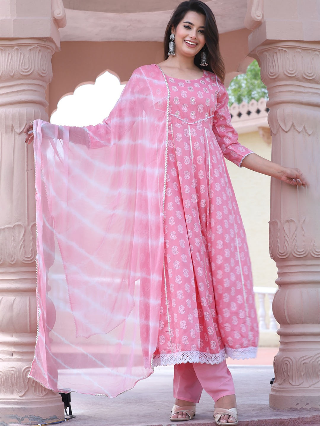 

SINGNI Floral Printed Sequinned Anarkali Kurta With Trousers & Dupatta, Pink