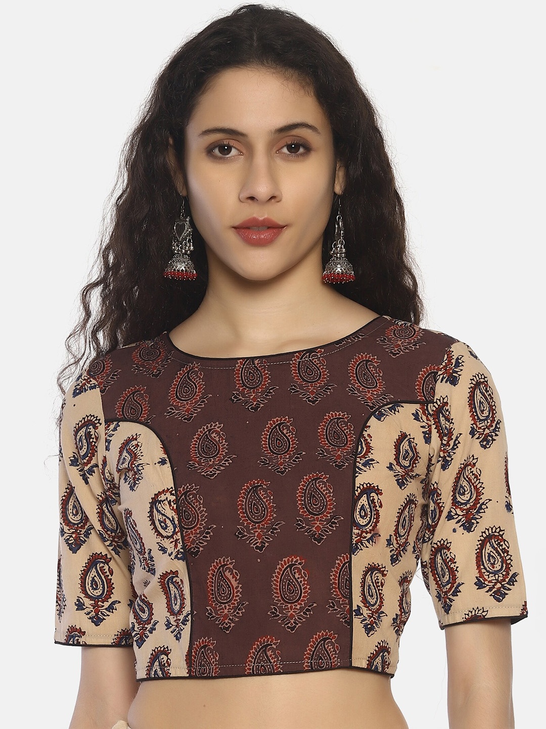 

Weaves of Tradition Block Printed Cotton Saree Blouse, Beige