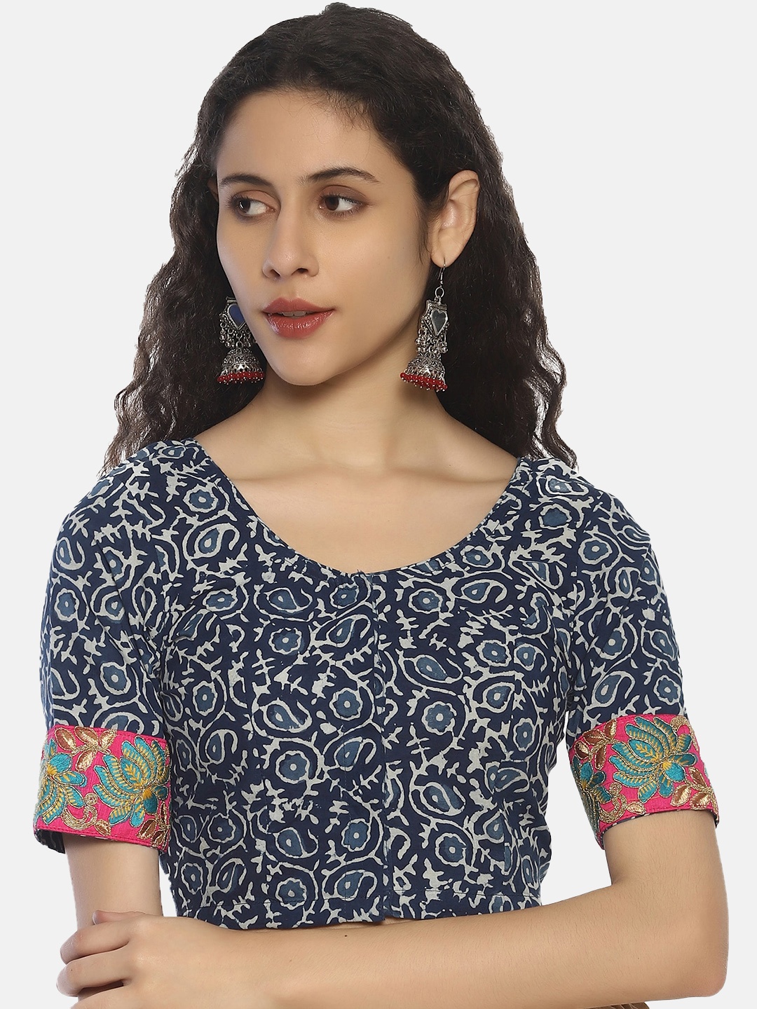 

Weaves of Tradition Bagru Hand Block Printed Cotton Saree Blouse, Blue