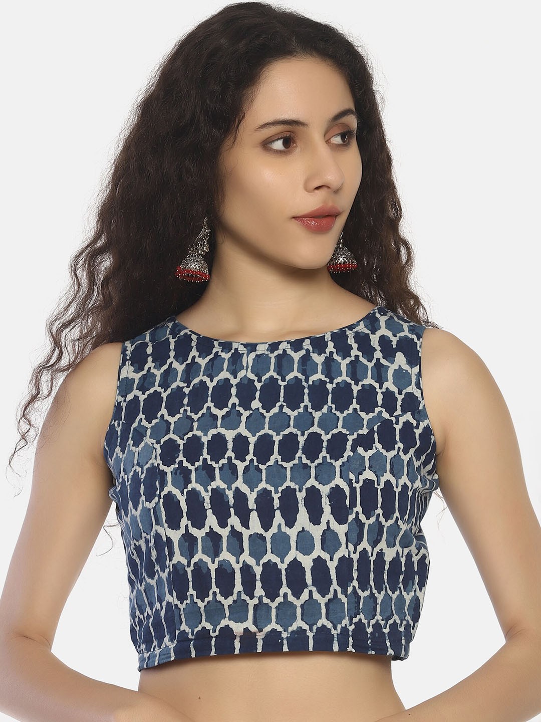 

Weaves of Tradition Printed Sleeveless Saree Blouse, Blue