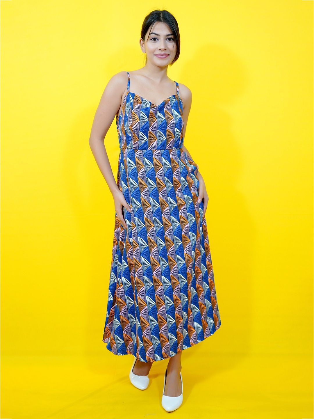 

CRAZEVILLA Abstract Print Georgette Shoulder Straps Sleeveless Fit & Flare Maxi Dress, Blue
