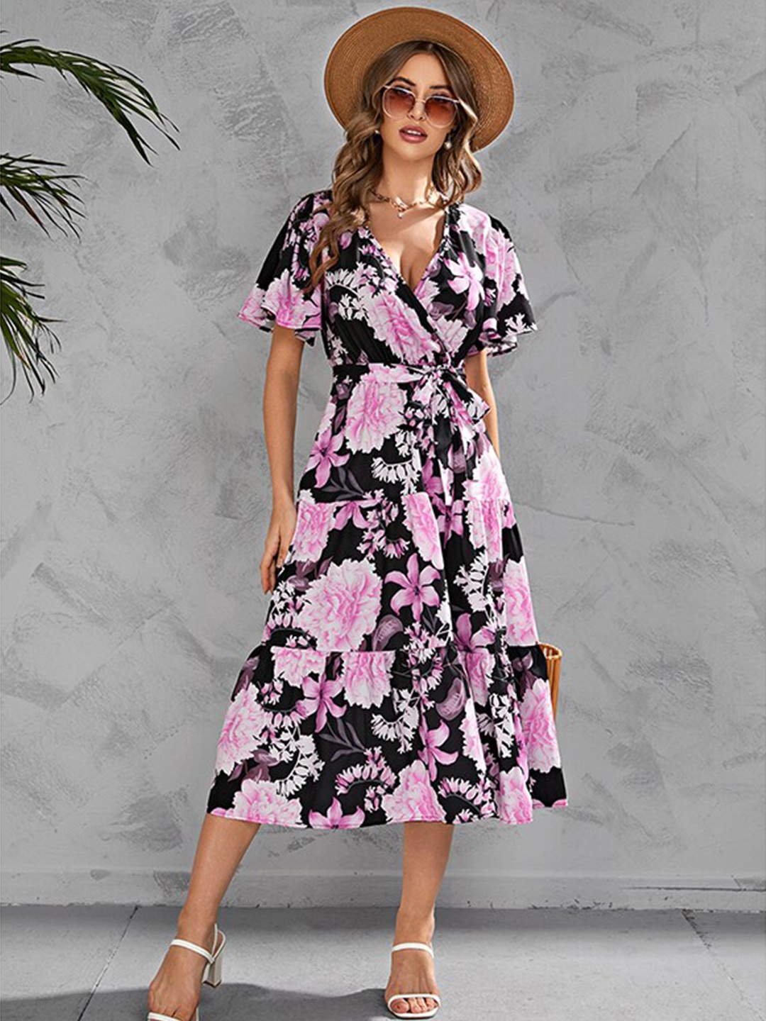 

StyleCast x Revolte V Neck Short Flared Sleeves Floral Print Wrap Midi Dress, Black