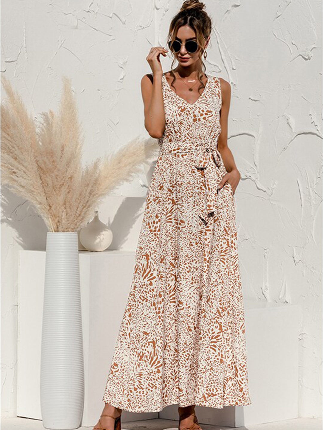 

StyleCast x Revolte Animal Printed Tie-Ups Maxi Dress, Beige