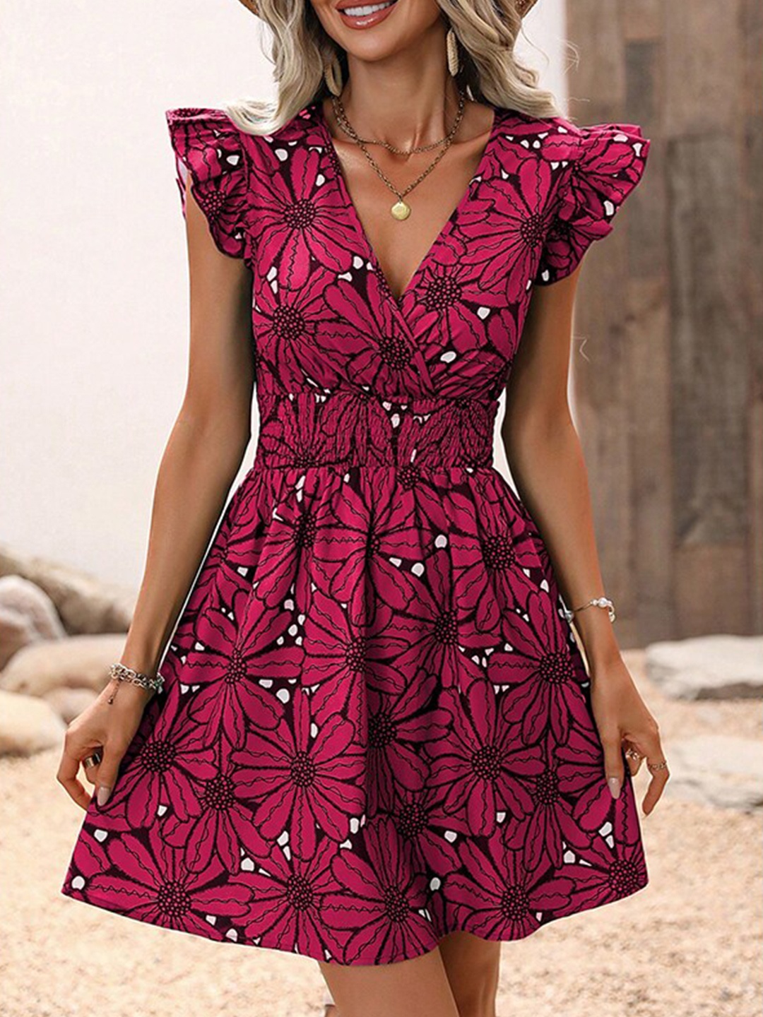 

StyleCast x Revolte Floral Printed Flutter Sleeves Fit & Flare Dress, Fuchsia