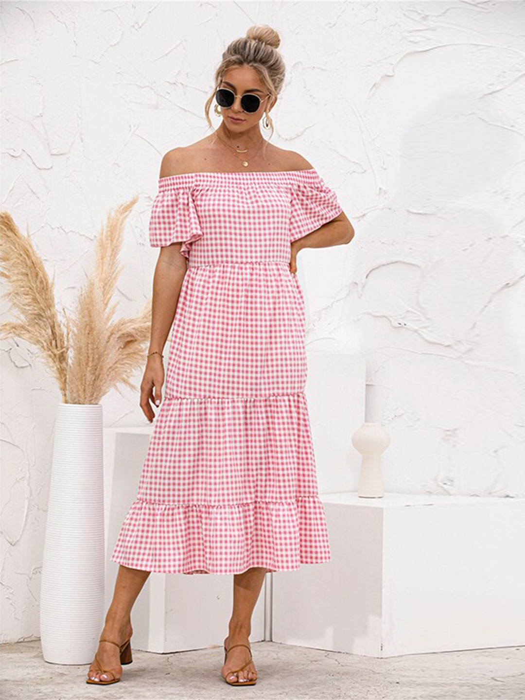 

StyleCast x Revolte Pink Checked Off-Shoulder Flutter Sleeve Layered A-Line Midi Dress