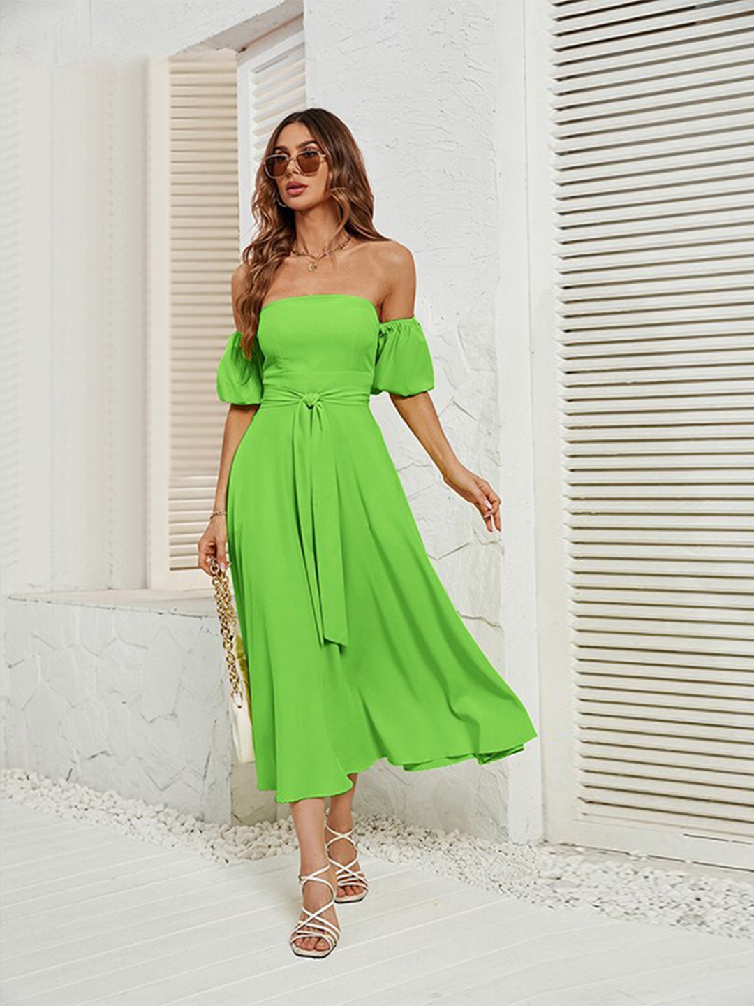 

StyleCast x Revolte Strapless Puff Sleeves Fit & Flare Dress, Green