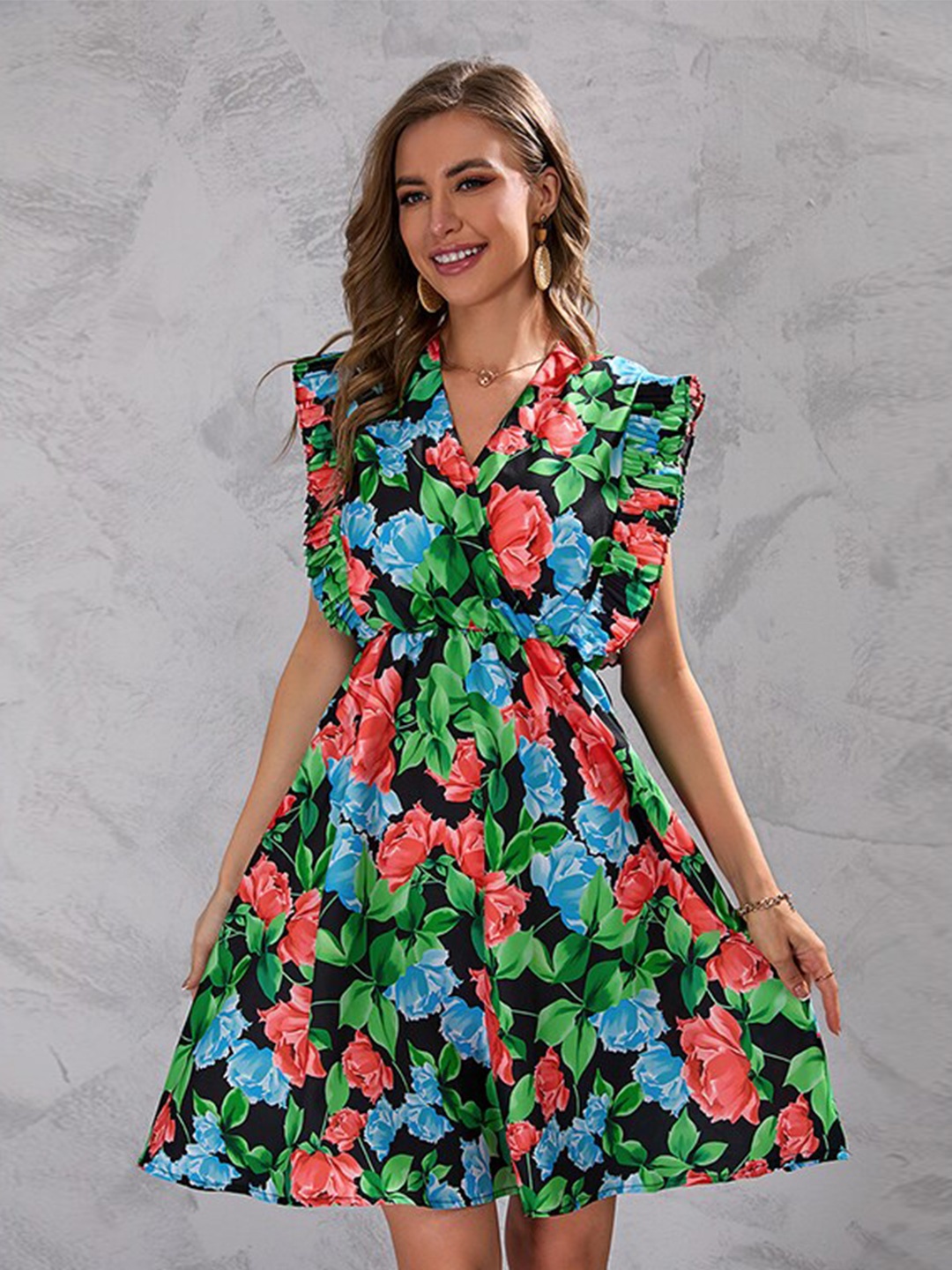 

StyleCast x Revolte Red V-Neck Floral Print Flutter Sleeve Fit & Flare Dress