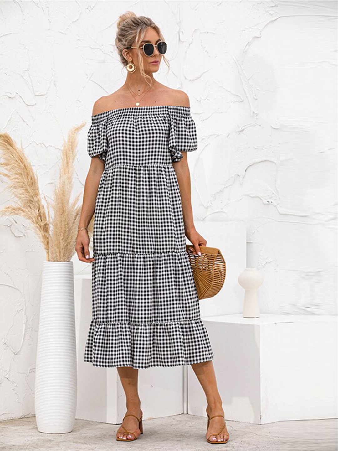 

StyleCast x Revolte Checked Off-Shoulder A-Line Midi Dress, Black