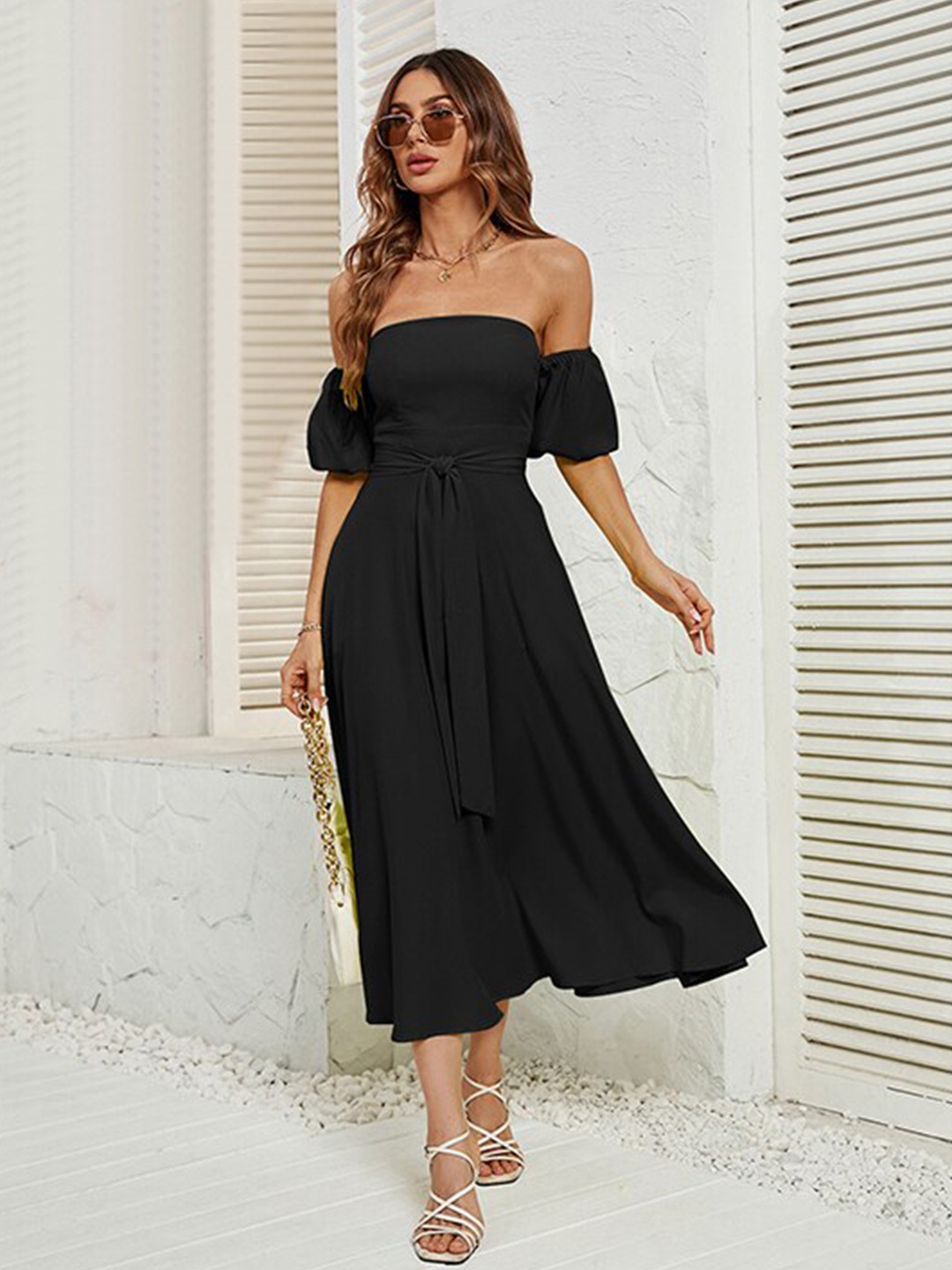 

StyleCast x Revolte Black Off-Shoulder Fit & Flare Dress