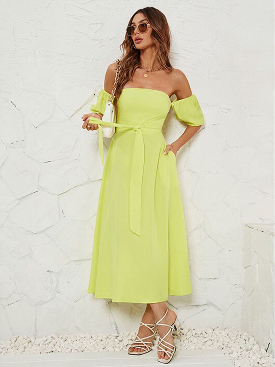 

StyleCast x Revolte Short Sleeves Off-Shoulder Maxi Dress, Yellow