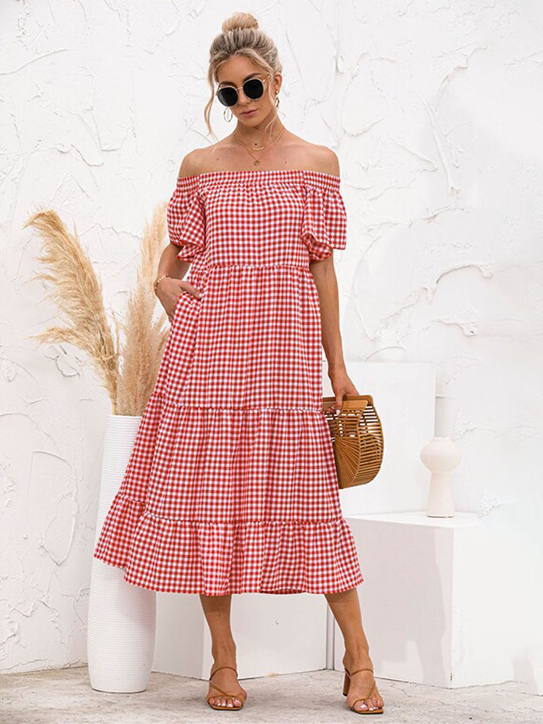 

StyleCast x Revolte Checked Off-Shoulder Gathered & Tiered Midi A-Line Dress, Red