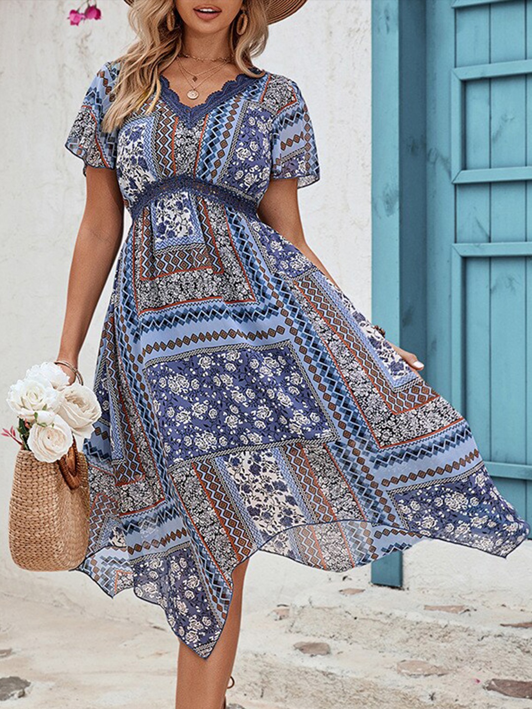 

StyleCast x Revolte Ethnic Motifs Printed A-Line Midi Dress, Blue