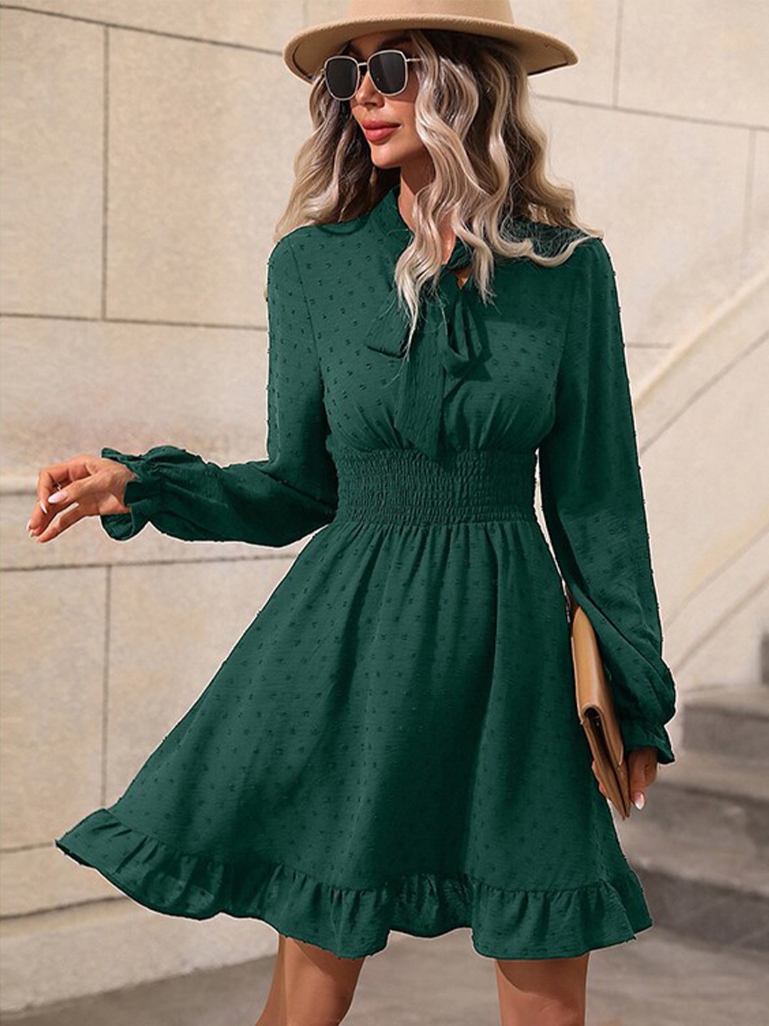 

StyleCast x Revolte Tie-Up Neck Bell Sleeve Fit & Flare Dress, Green