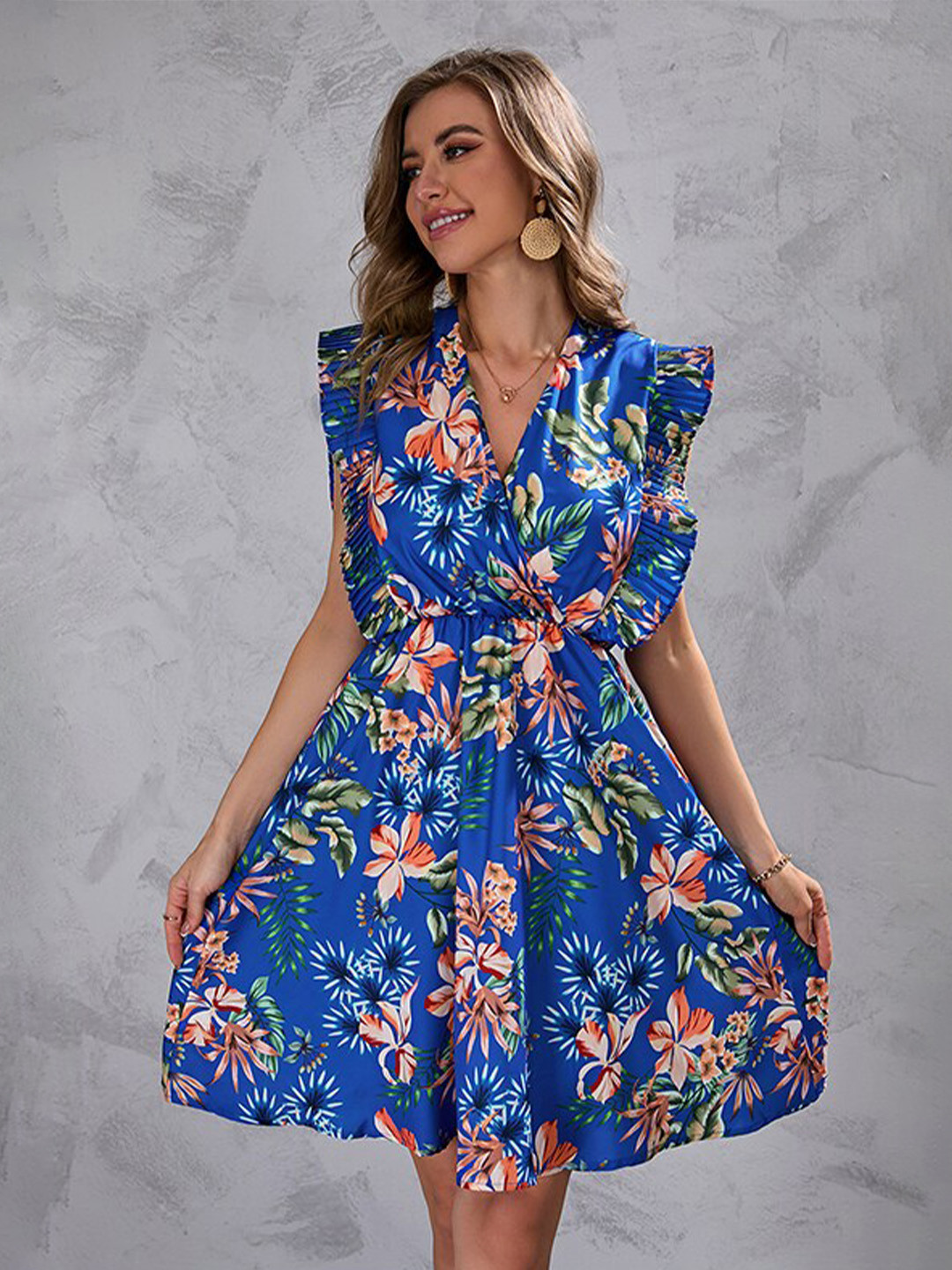 

StyleCast x Revolte Floral Printed Ruffles A-Line Dress, Blue