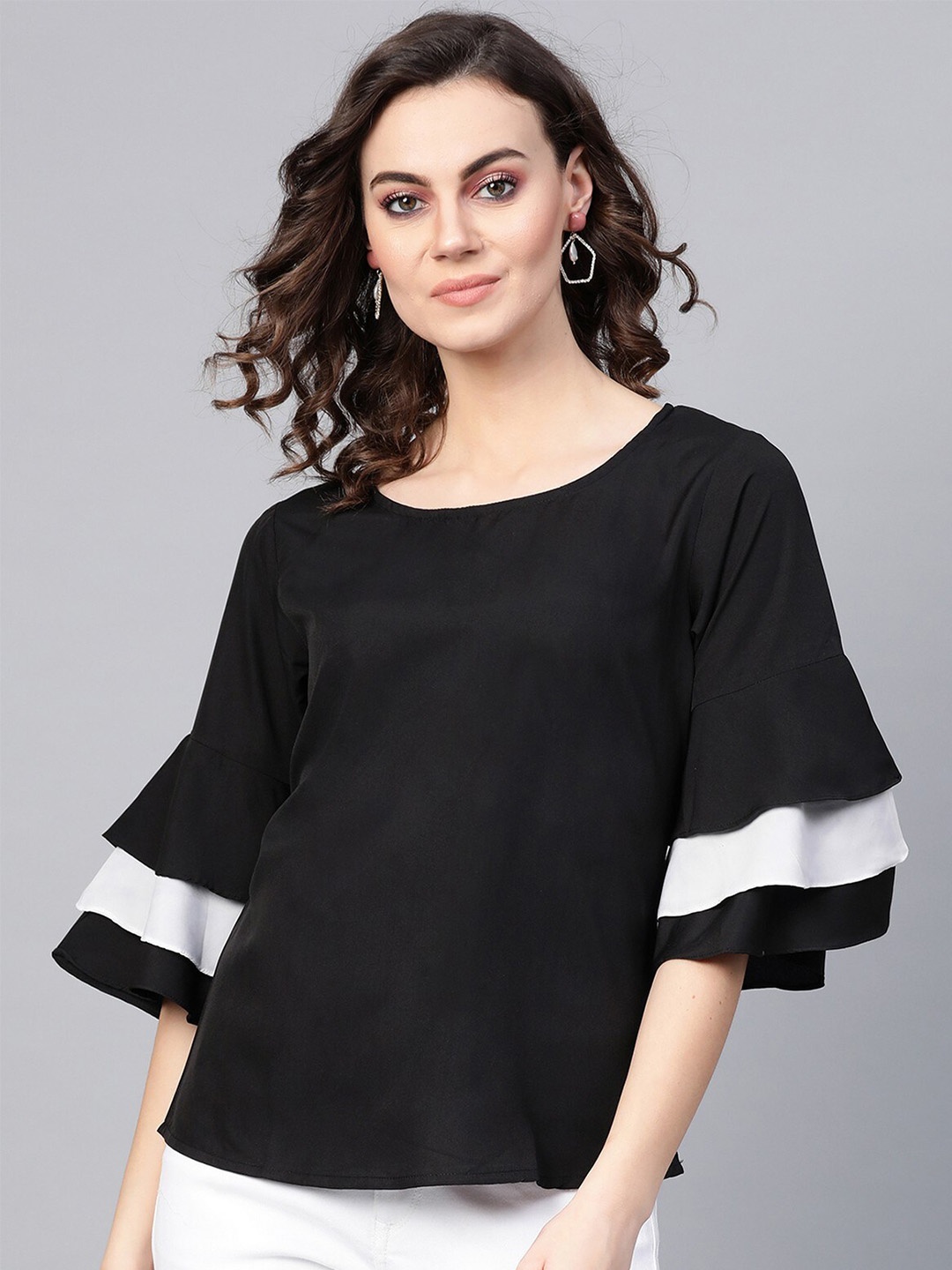 

Pannkh Round Neck Flared Sleeves Crepe Top, Black