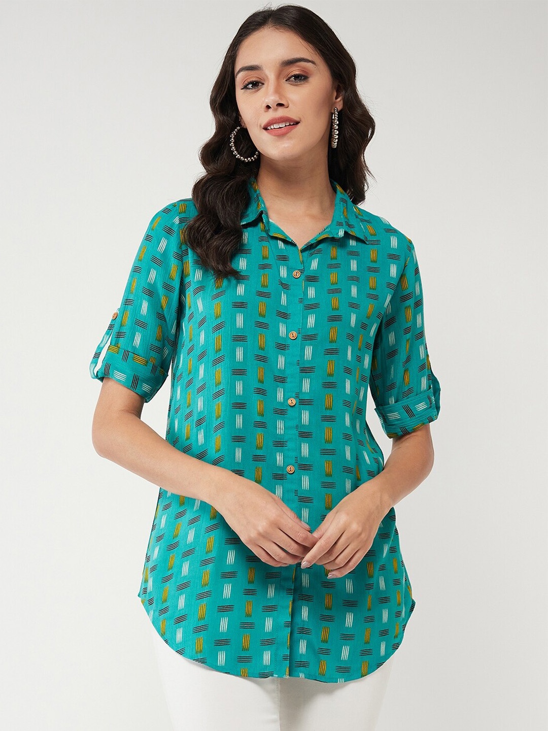 

Pannkh Geometric Printed Shirt Collar Lounge Top, Green