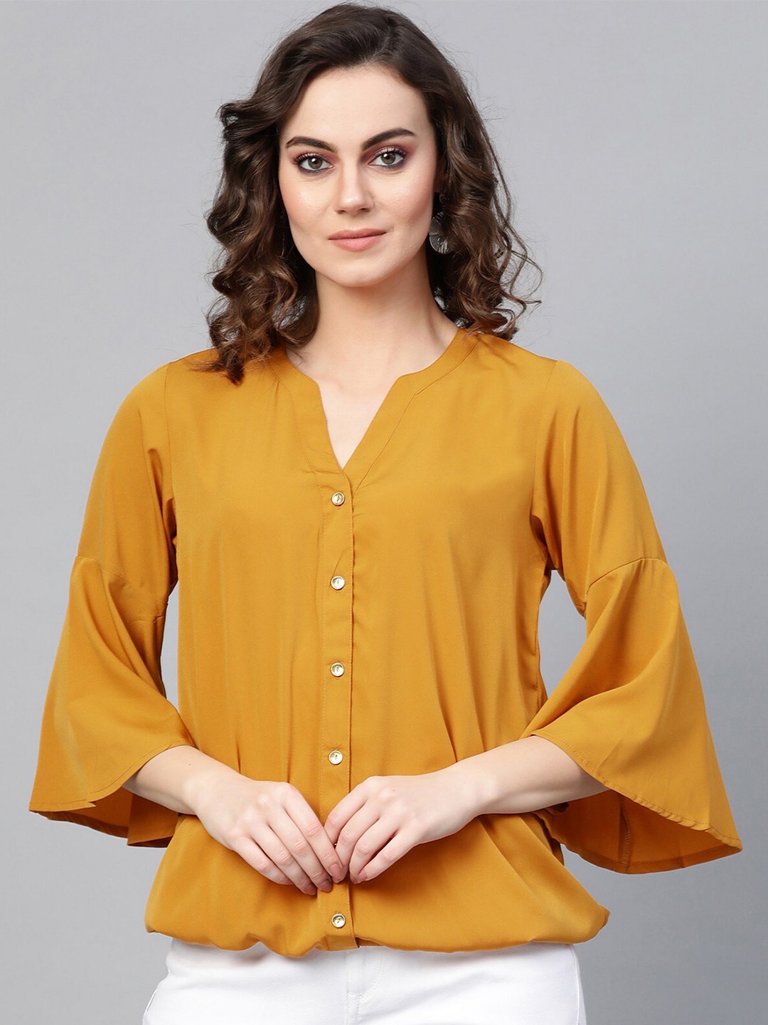 

Pannkh Mandarin Collar Bell Sleeves Shirt Style Top, Mustard