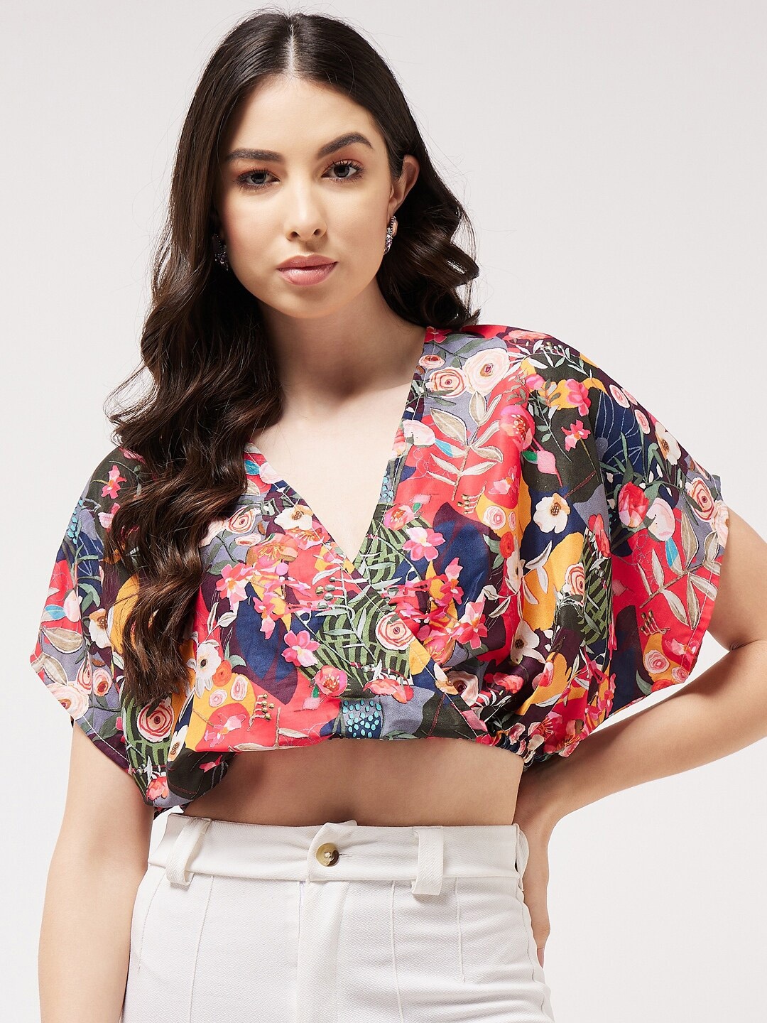 

Pannkh Floral Printed Kimono Sleeve Crepe Wrap Crop Top, Navy blue