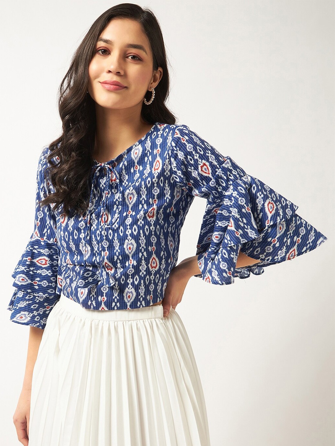 

Pannkh Ethnic Motifs Printed Bell Sleeve Cotton Top, Blue