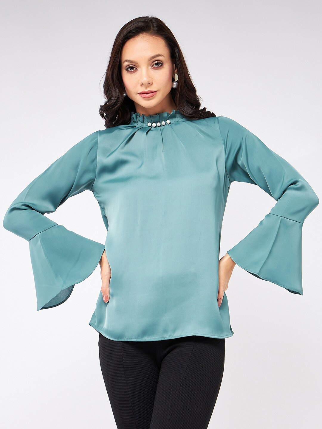 

Pannkh High Neck Pleated Bell Sleeve Top, Green