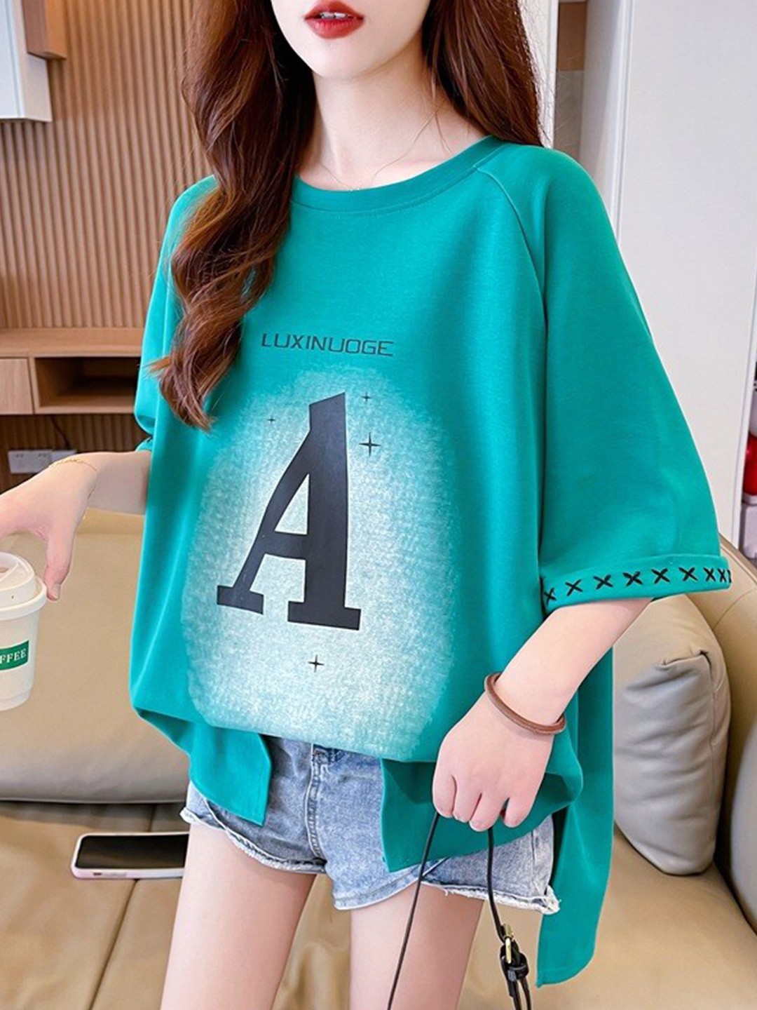 

StyleCast x Revolte Print Extended Sleeves Cotton Top, Green