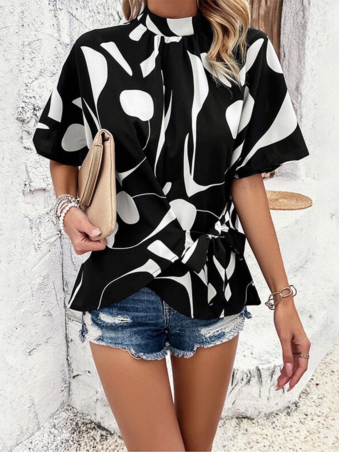 

StyleCast x Revolte Abstract Printed High Neck Top, Black