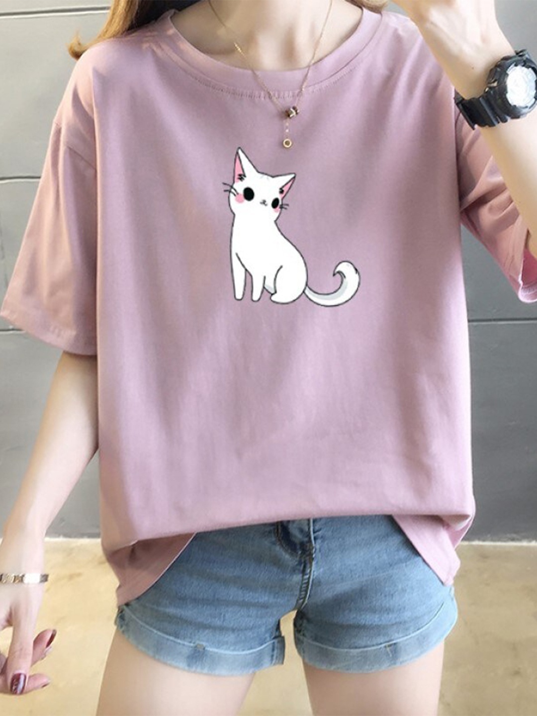 

StyleCast x Revolte Printed Drop Shoulder Sleeves Cotton Oversized Longline T-shirt, Purple