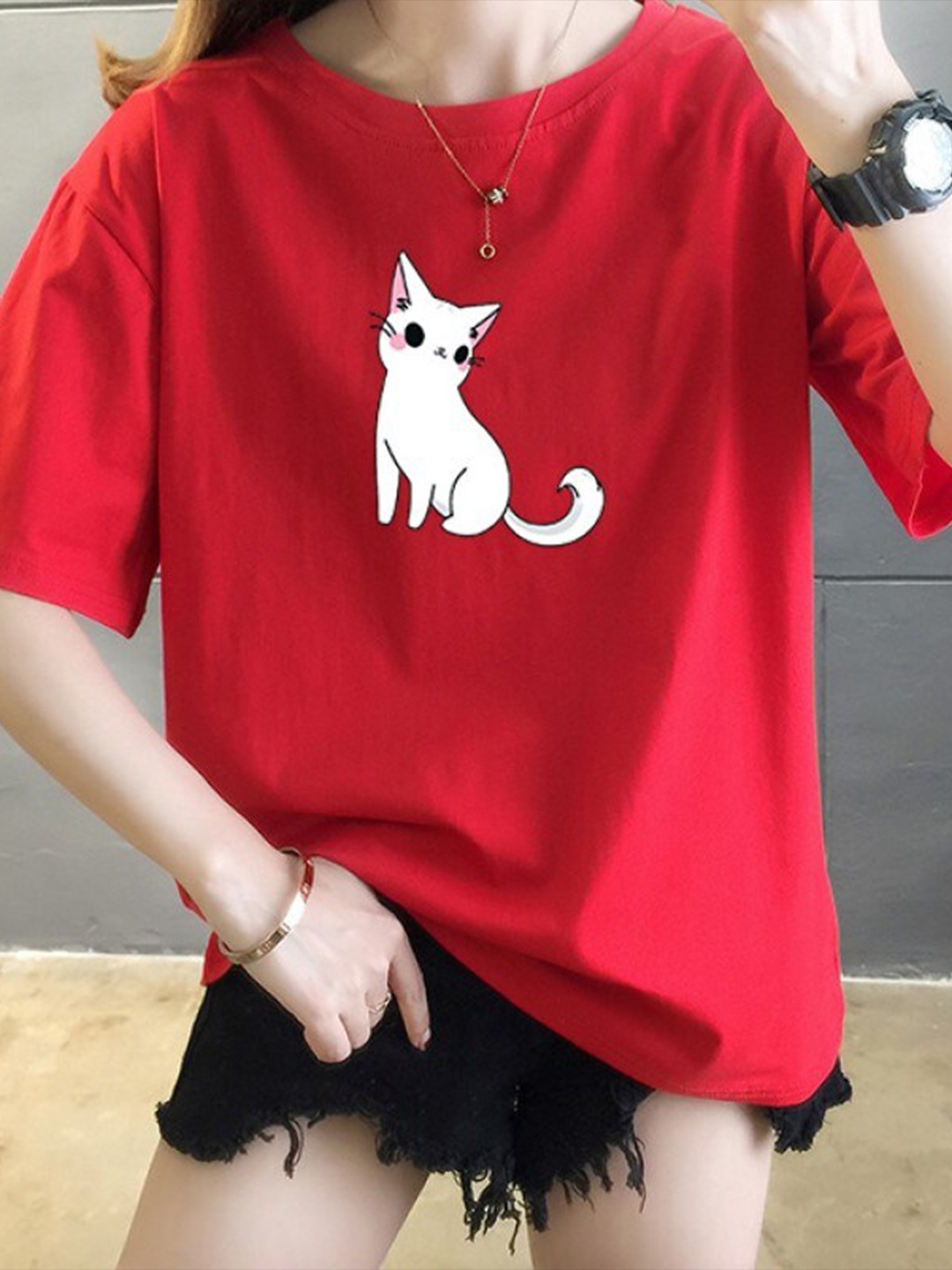 

StyleCast x Revolte Graphic Printed Round Neck Knitted Cotton Top, Red