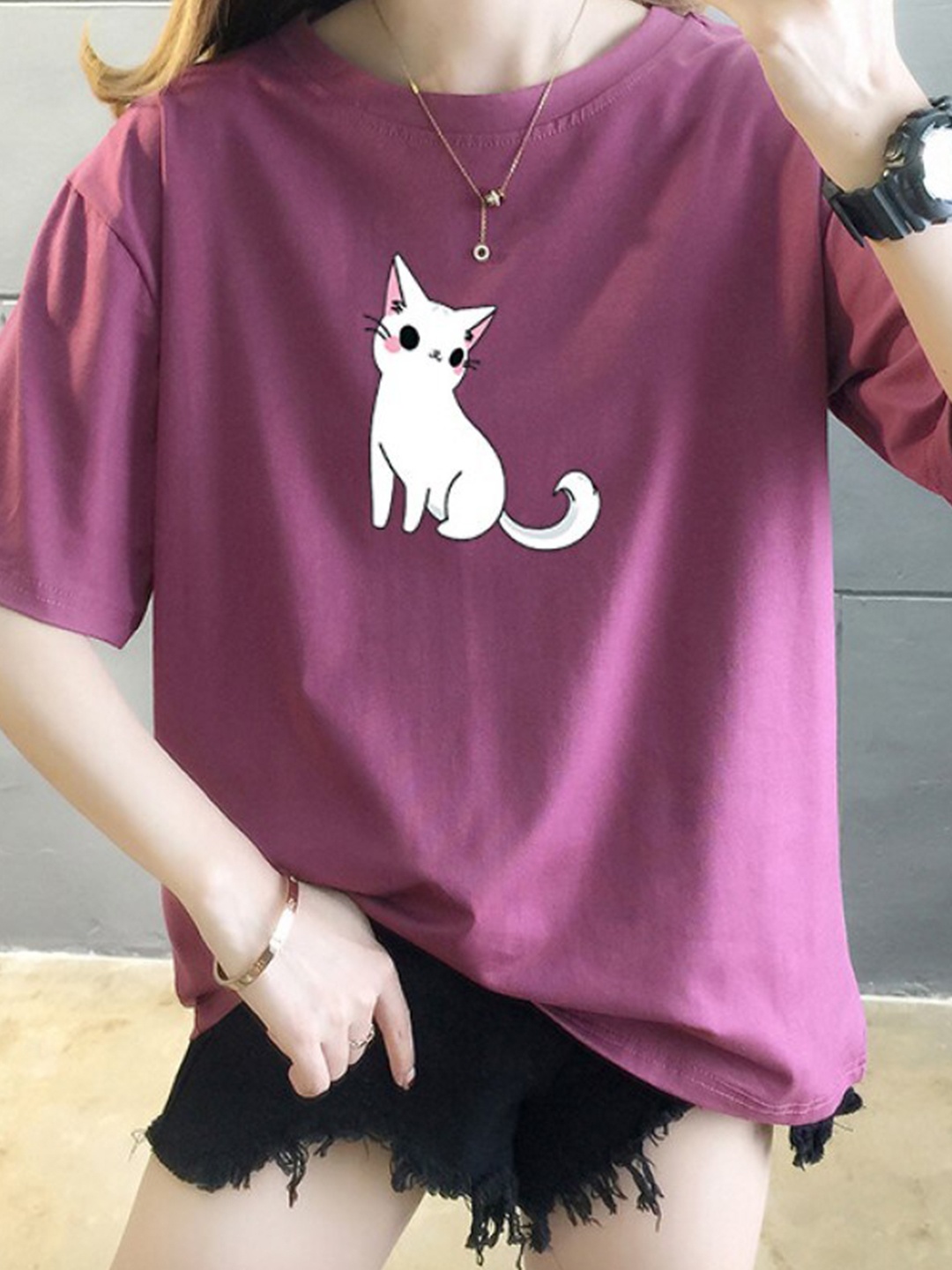 

StyleCast x Revolte Purple Graphic Printed Drop-Shoulder Sleeves Longline Cotton T-Shirt