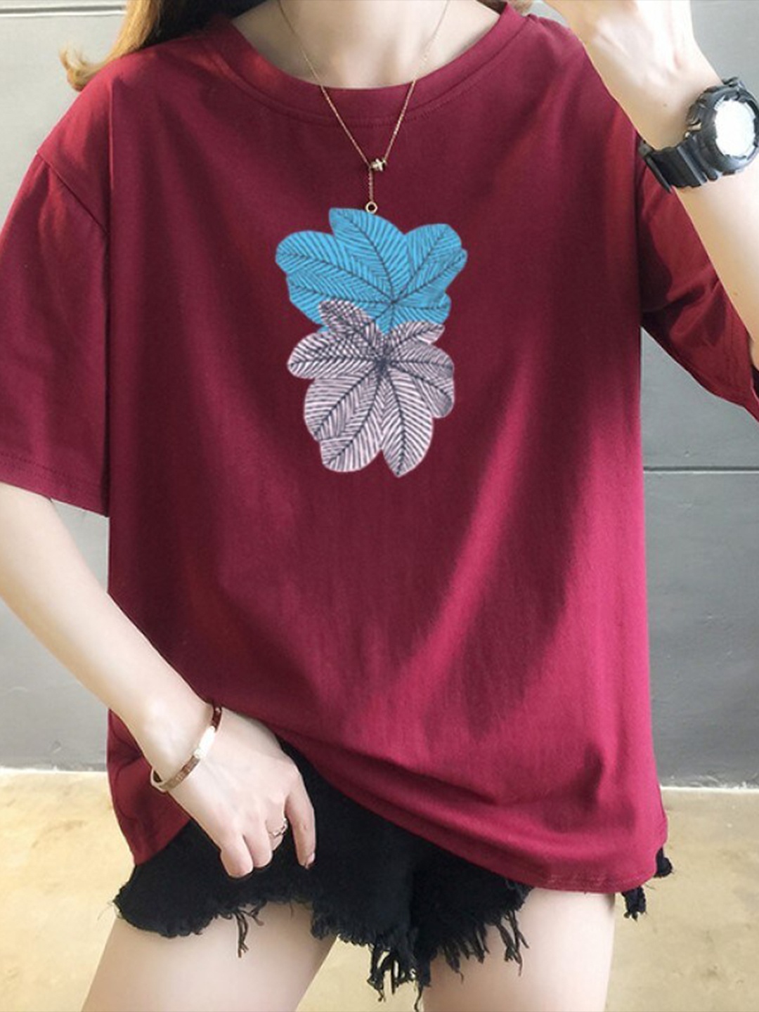 

StyleCast x Revolte Floral Printed Drop-Shoulder Sleeves Cotton T-shirt, Maroon