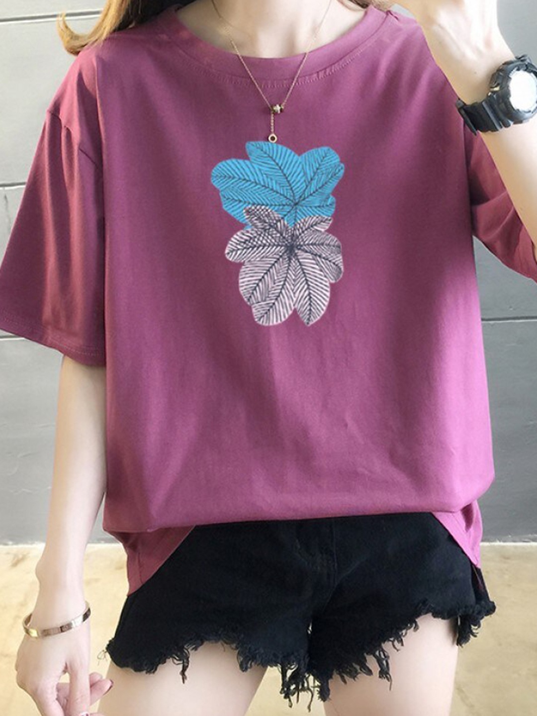 

StyleCast x Revolte Purple Graphic Printed Drop-Shoulder Sleeves Longline Cotton T-Shirt