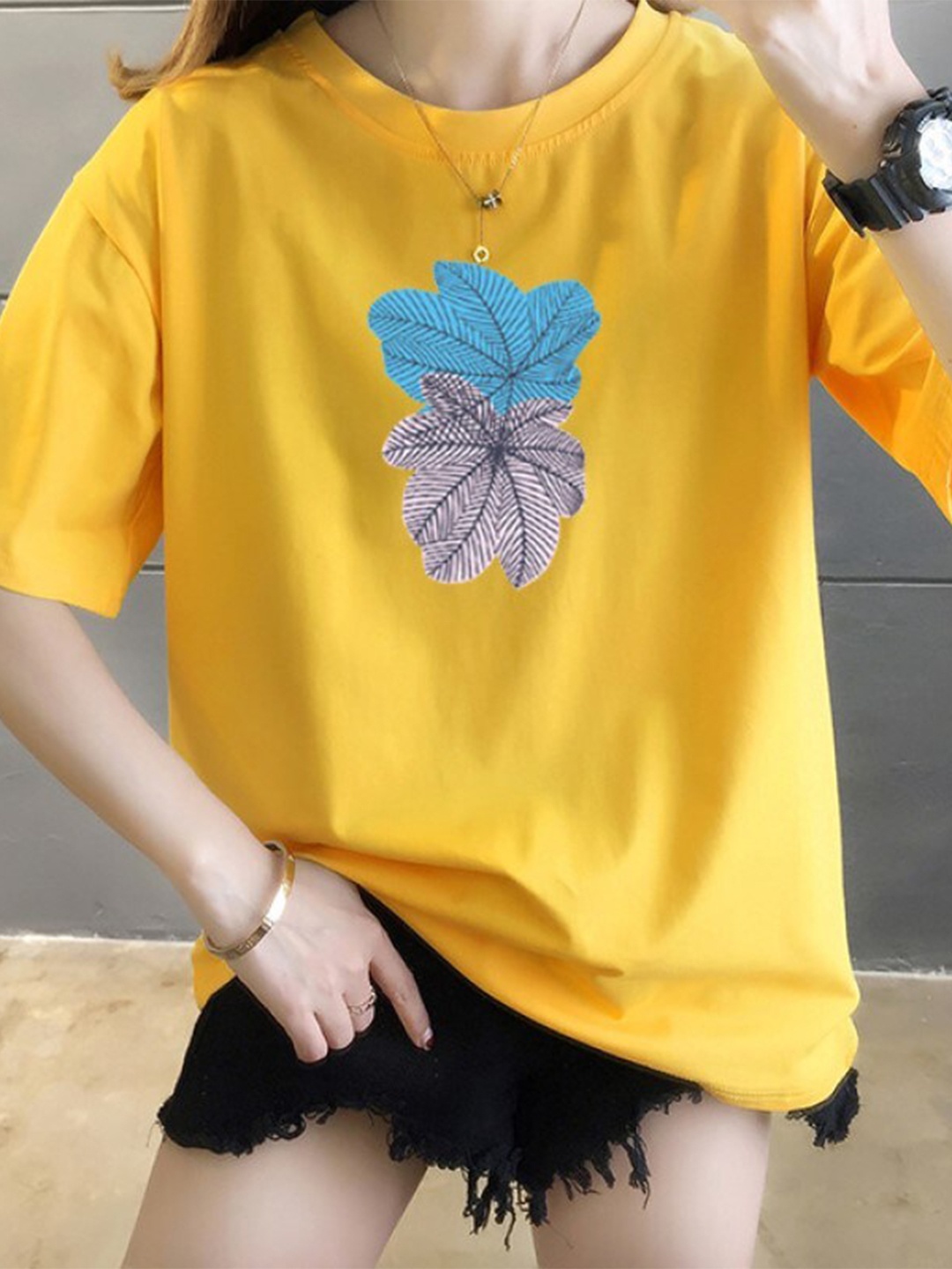 

StyleCast x Revolte Yellow Graphic Printed Drop-Shoulder Sleeves Longline Cotton T-Shirt