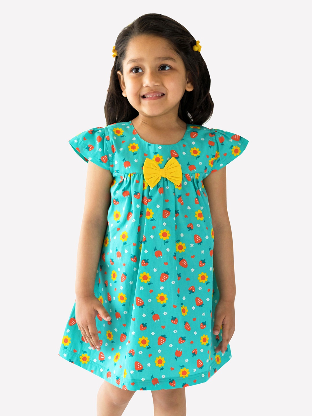 

Campana Girls Floral Print Round Neck Cap Sleeves Cotton A-Line Dress, Blue