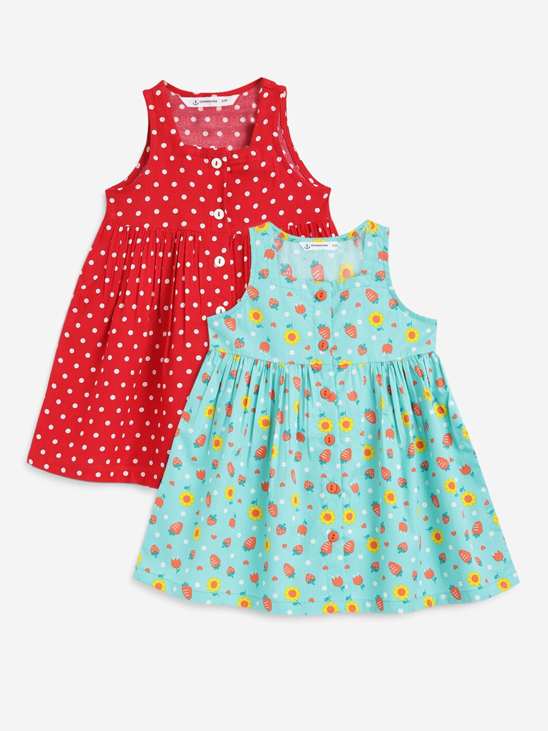

Campana Girls Pack of 2 Polka Dot Print Cotton Round Neck Sleeveless Fit & Flare Dresses, Red